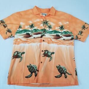 Ky's Vintage Hawaiian Shirt Mens Large Aloha Orange Turtles Camp Made in USA